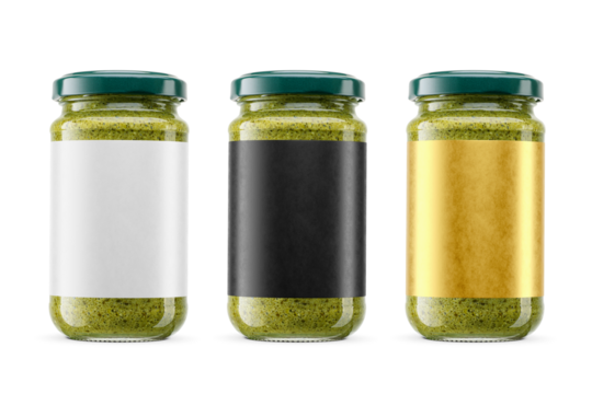 Green sauce pesto in glass jars with metal lid and blank label isolated. Transparent PNG image.