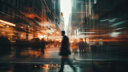 Handsome man in suit traveling in the city, building, blurred sunlight, blur effect.