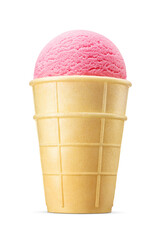 Pink ice cream in a sugar crispy waffle cone isolated. Taste of strawberry, fruit, raspberry,...