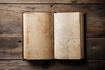 Old book on vintage wooden board, empty book for writing communication messages.