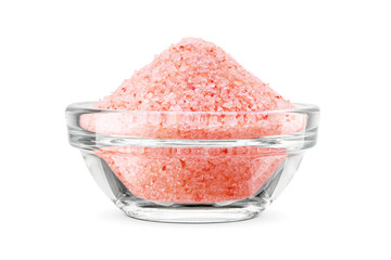 Pink Himalayan fine salt in glass transparent bowl isolated. Transparent PNG image. - obrazy, fototapety, plakaty