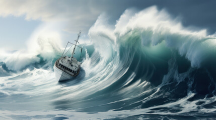 dramatic scene of a boat sailing on big waves