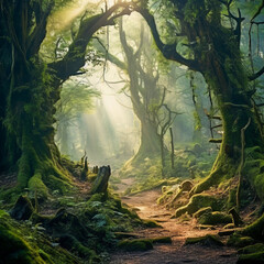 Mystical Pathway: Sunlight Filtering Through an Enchanted Forest Canopy