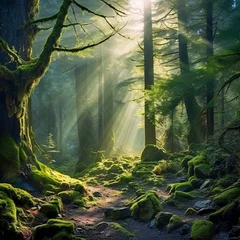 Poster Im Rahmen Sun Shining Through Trees in a Forest, Mystic forest tranquility, sun shining through trees, forest, sunlight, nature, greenery, dappled sunlight, forest landscape, forest scene, forest scenery  © Franklin