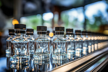 Glass bottles of vodka on the bar counter in a restaurant. 
 Generated image