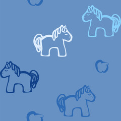 Seamless pattern with primitively drawn horses on a blue background. Pattern for children's wallpaper and fabrics with toy ponies