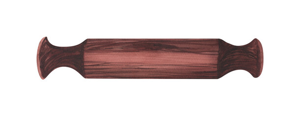 Watercolor kitchen wood rolling pin, utensils clipart for bakery decoration. Hand-drawn illustration isolated on white background. Perfect food menu, food drawing, design packing