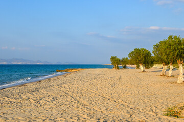 Beautiful Marmari beach with golden sand during springtime. Kos island, Greece