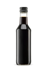 Dark black balsamic vinegar glass bottle isolated. Transparent PNG image.
