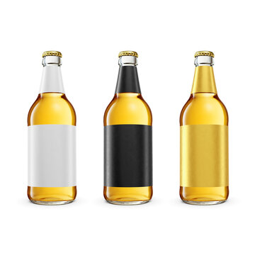 Transparent yellow beer bottles with blank label isolated. Transparent PNG image.