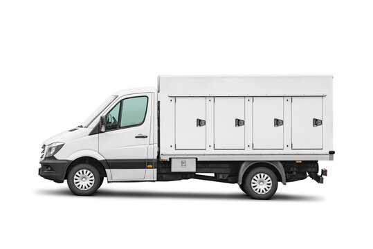 Ice cream delivery container truck. Refrigerated van isolated. Transparent PNG image.