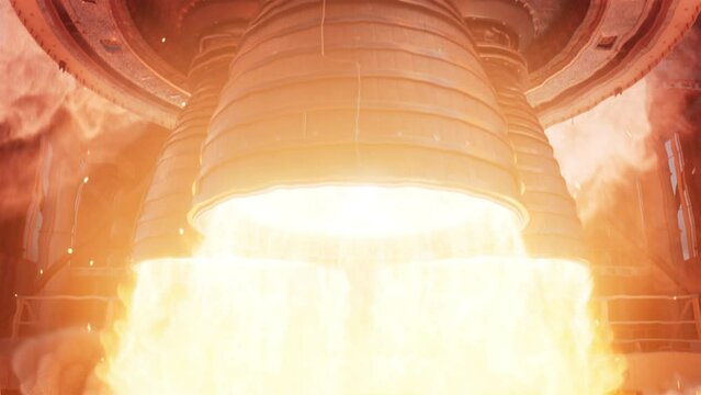 Close-up shot of Rocket Engine Ignition. Powerful and Hot Flames Burst out of the Nozzle after Initial Impulse. Space Exploration Rocket Launch.