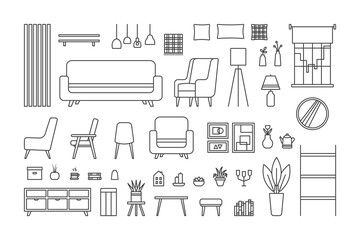 Cozy home interior design, icons set. Living room interior. Vector line illustration on white background