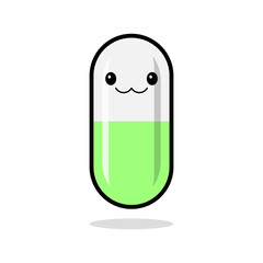 Cute cartoon pill capsule with kawaii face. Homeopathic pill.