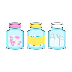 Set of three medicine bottles with pills, drugs, tablets,capsules, vitamins.  