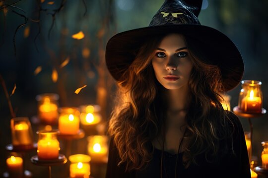 Halloween Verkleidung als Hexe. H&uuml;bsche Frau bereit f&uuml;r die Party mit Freunden. Geheimnisvolle schwarze Hexe als Kost&uuml;m