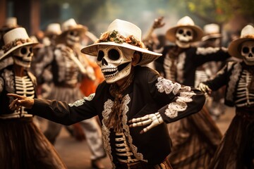 Fototapeta premium Dancing Group in costumes of Day of the Dead with sugar skull mask. Photo of Dancing skeletons celebrate. 