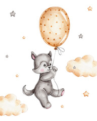 Watercolor little wolf flying with balloon; hand drawn illustration