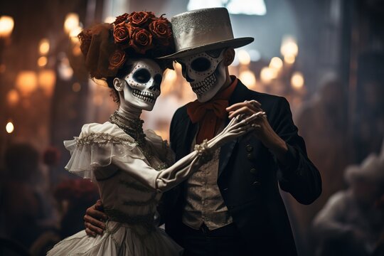 Dancing Group in costumes of Day of the Dead with sugar skull mask. Photo of Dancing skeletons celebrate. 