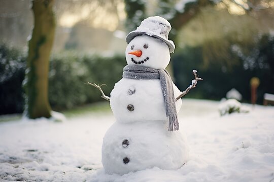 Schneemann im Winter im Garten. Schneemänner bauen mit Hut und Schal. Arme mit Stöcken und die Nase mit einer Karotte.