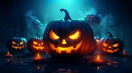 Fototapeta premium Scary halloween pumpkin, Generative AI