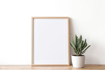 Blank wooden picture frame mockup in modern interior. Vertical template mock up for artwork, painting, photo or poster in interior design, generative AI	
