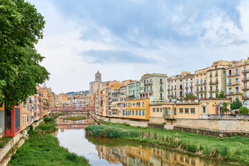 View of old town Girona, Catalonia, Spain, Europe. Summer travel.