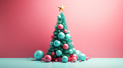 Elegant Christmas tree with ornaments decoration on light red background. Happy winter holidays concept