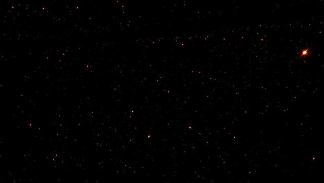 Loop glow orange red stars particles animation on black background flow to fron for screen project overlay.Graphic motion overlay effect loop with galaxy sky particles twinkling light 