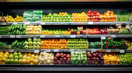 Fresh fruits and vegetables on shelf in supermarket. Healthy concept - obrazy, fototapety, plakaty