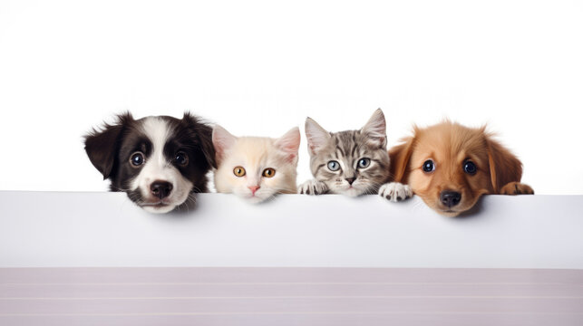 Cute dogs and cats peeking out from behind a white blank banner. Copy space