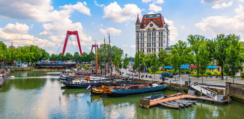 Panoramic view of Rotterdam city with old harbor. - obrazy, fototapety, plakaty
