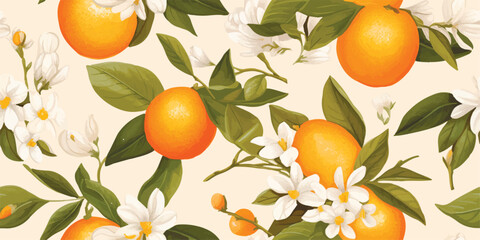 Orange Vintage background, pattern. Vector illustrations of oranges with flowers, leaves for poster, card or textile. Modern seamless pattern. Fashionable template for design or wedding invitations