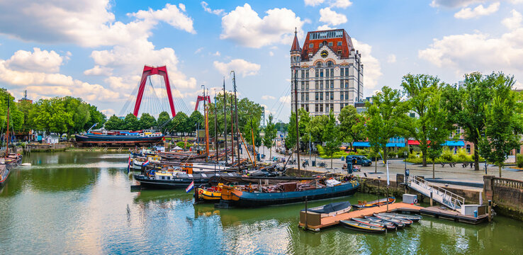 Panoramic view of Rotterdam city with old harbor.