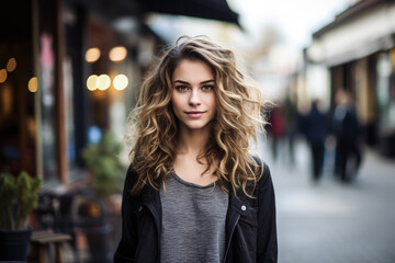 Fototapeta premium Portrait of a young woman in a city scene. Generative AI.