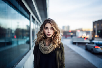 Portrait of a young woman in a city scene. Generative AI.