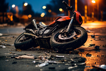 A motorcycle lays on the ground after being hit by a car in the middle of a city street