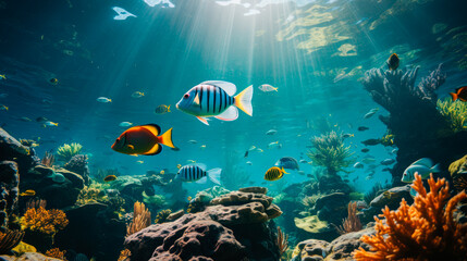 Naklejka na ściany i meble Coral and fish in the clear sea water