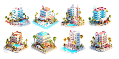 Obraz premium Cozy Hotel Isometric Low Poly Icons Set