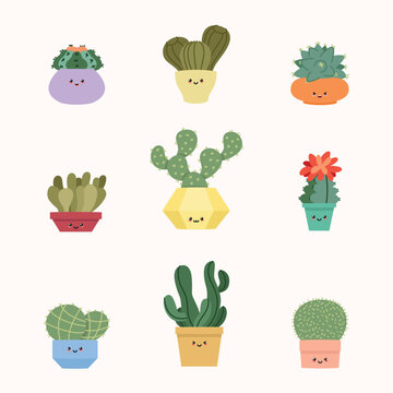 Set of cute cactuses. Flat illustration of kawaii smiling succulents in flower pots. Vector 10 EPS.