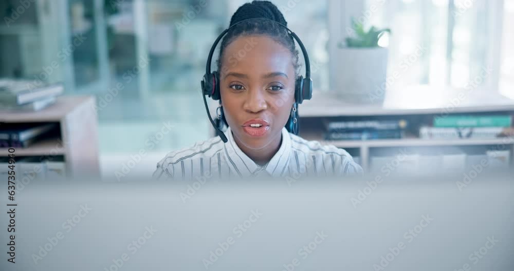 Poster Black woman, call center and consulting on headphones in customer service, support or telemarketing at office. African female person, consultant or agent talking in online advice or help at workplace