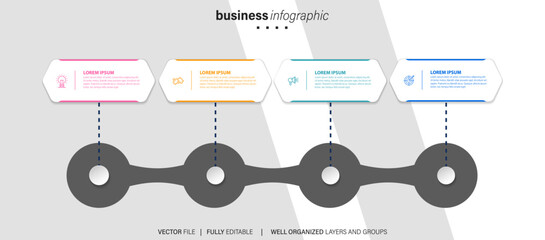 Colorful infographic geometrics steps. Modern 4 steps infographic layout presentation. Orange, blue, purple, and green color options.
