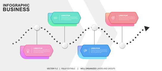 Colorful infographic geometrics steps. Modern 4 steps infographic layout presentation. Orange, blue, purple, and green color options.
