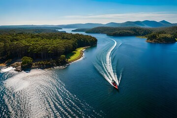 Aerial drone view of jet ski riders on River, Picnic Point