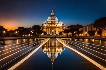 Night view of the Basilica St Peter in Rome, Italy. Generative AI