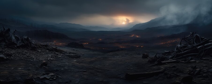 Eternal Twilight: Digital Illustration of Witnessing the End of the World - Apocalyps, Apocaliptic world, Fire, Smoke, Ruins, Trash, Destruction, Survival, Apocalyptic, Aftermath, Dystopian, Wasteland