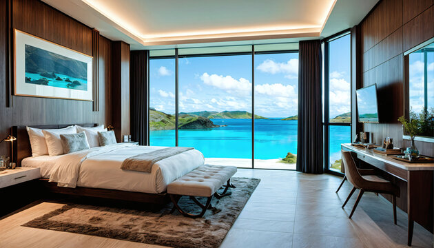 overview of luxury badroom with beautiful view at blue lagoon, generative AI