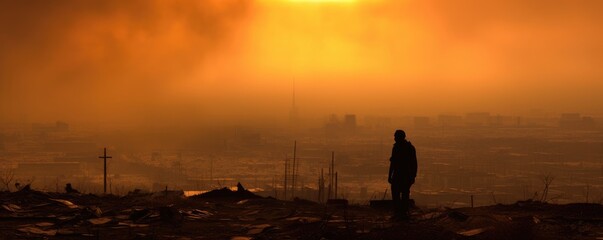 Eternal Twilight: Digital Illustration of Witnessing the End of the World - Apocalyps, Apocaliptic world, Fire, Smoke, Ruins, Trash, Destruction, Survival, Apocalyptic, Aftermath, Dystopian, Wasteland