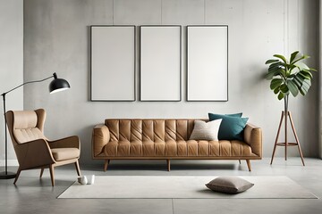 Rectangular frame poster mockup, on light concrete wall in living interior with modern boho furniture and big window, century beige sofa, scandinavian style interior decoration