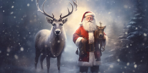 illustration claus greeting vintage snow card santa christmas sleigh reindeer. Generative AI.